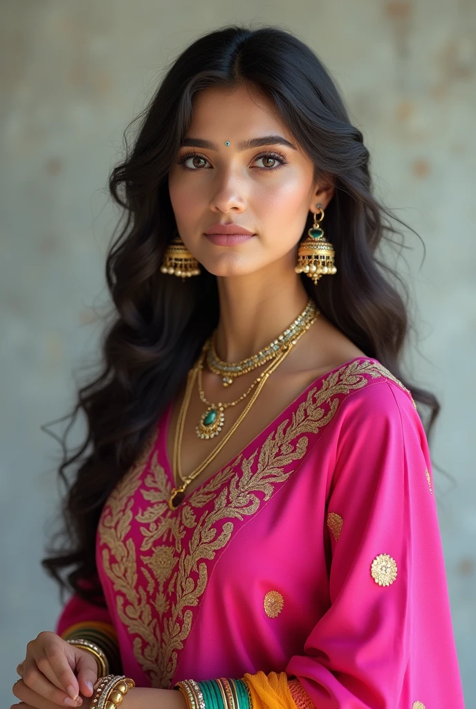 (photorealism:1.2), beautiful girl of 21. Wear Pink anrkali kurti. With a colourful duppatta. Nude makeup. Lined eyes. Small eyes. Flat nose. Long curly hair. Jhumka earrings. Bangles. Pink leggings. And a cute shoes
