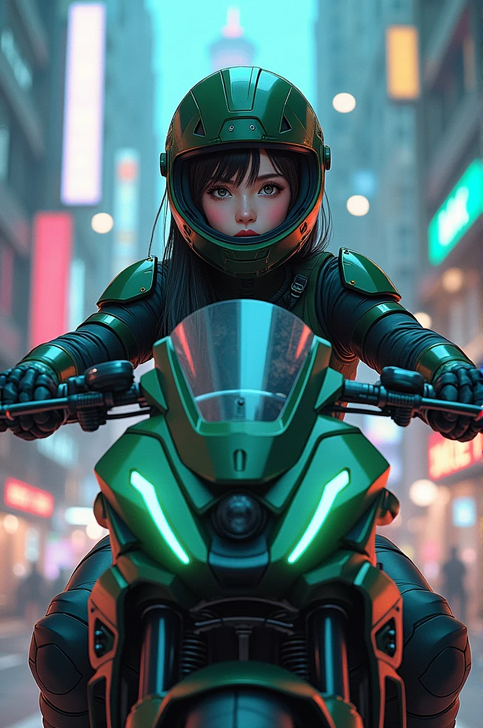 Highest image quality, outstanding details, ultra-high resolution, (realism: 1.4), the best illustration, favor details, highly condensed 1girl, with a delicate and beautiful face, dressed in a black and green mecha, wearing a mecha helmet, holding a directional controller, riding on a motorcycle, the background is a high-tech lighting scene of the future city.