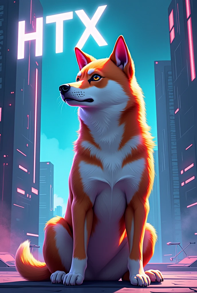 A Shiba Inu dog with a futuristic HTX logo in the background,HTX in a digital art