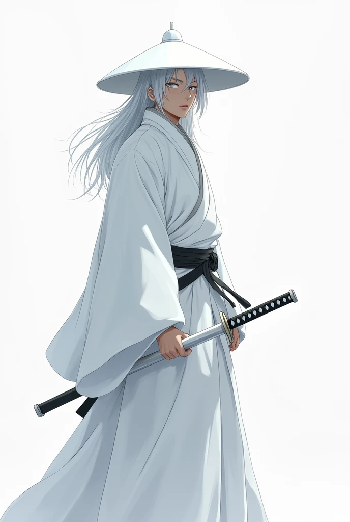Samurai man in white kimono, white hair and eyes, white samurai hats, 2D anime, facing, with the hat covering part of his face and with a shiny white katana