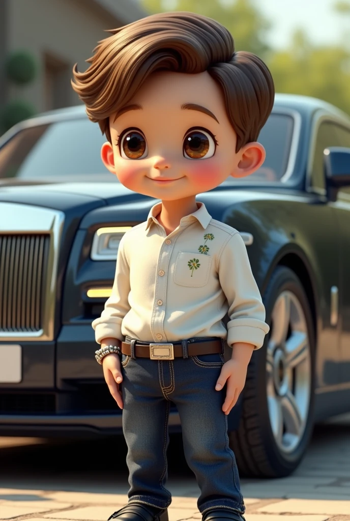 A boy who was cute and smart with white shirt with green very small flowers and dark blue jeans with white spots and black eyeballs and black shoes with Rolls-Royce car with Rolex watch in his hand
