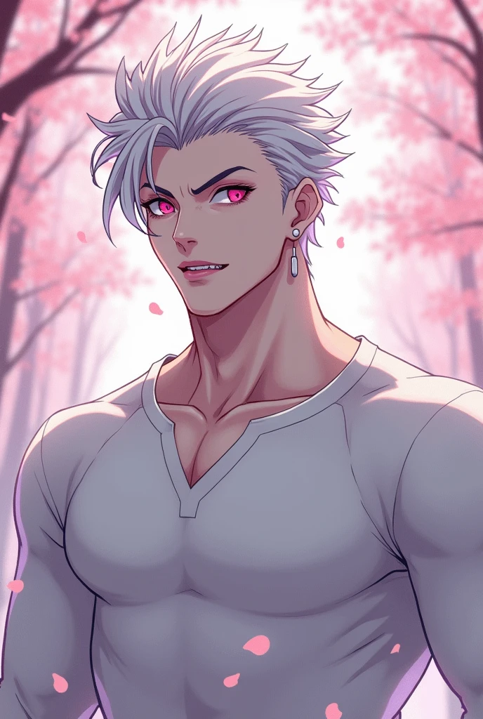 anime character, White hair, spiky hair, Pale skin, pink eyes, Long white eyelashes, male, muscular, white small earrings, big glossy lips, cherry blossom trees, grey eyebrows, white sweater, vampire fangs