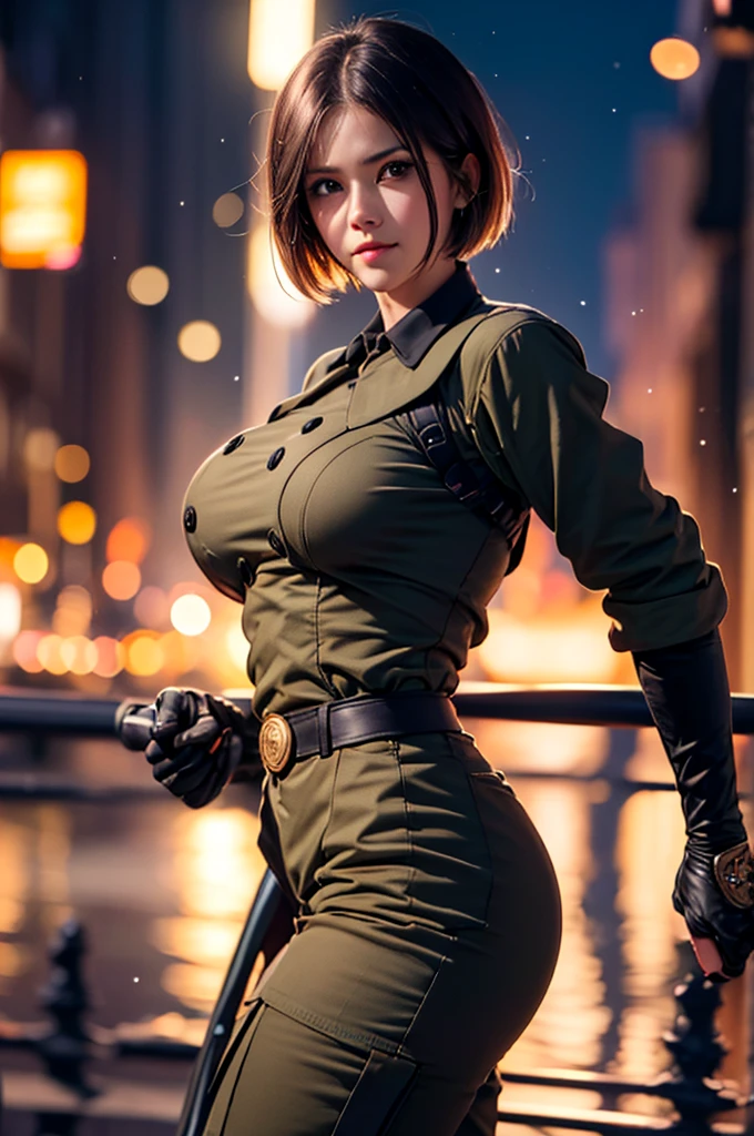 (at night), in a video game scene in the background, a beautiful city at night, raining, alone, standing looking straight ahead, military clothing with military green skirt and pants, black gloves, semi-short hair, ((semi-short hair)), 1 girl, 30 years old, young woman, perfect hands, Beautiful fingers, Beautiful long legs, Beautiful body, Beautiful nose, Beautiful character design, perfect face, looking straight at the viewer with a serious gesture, very upset looking at the viewer, she has a black whip in her hand (focusing on her face), closed mouth, smile_light, official art, extremely detailed CG unity 8k wallpaper, perfect lighting, bright and colorful front lighting, skin glossy (masterpiece: 1.0), (best_quality: 1.0), ultra high resolution, 4k, ultra detailed photography, 8K, hdr, high resolution, nonsense:1.2, Kodak portrait 400, film grain, blurred background, bokeh:1.2 , Lens flare, (vibrant_color:1.2), professional photography, (Beautiful, breasts: 1.4), (Beautiful_face: 1.5), (narrow waist),
