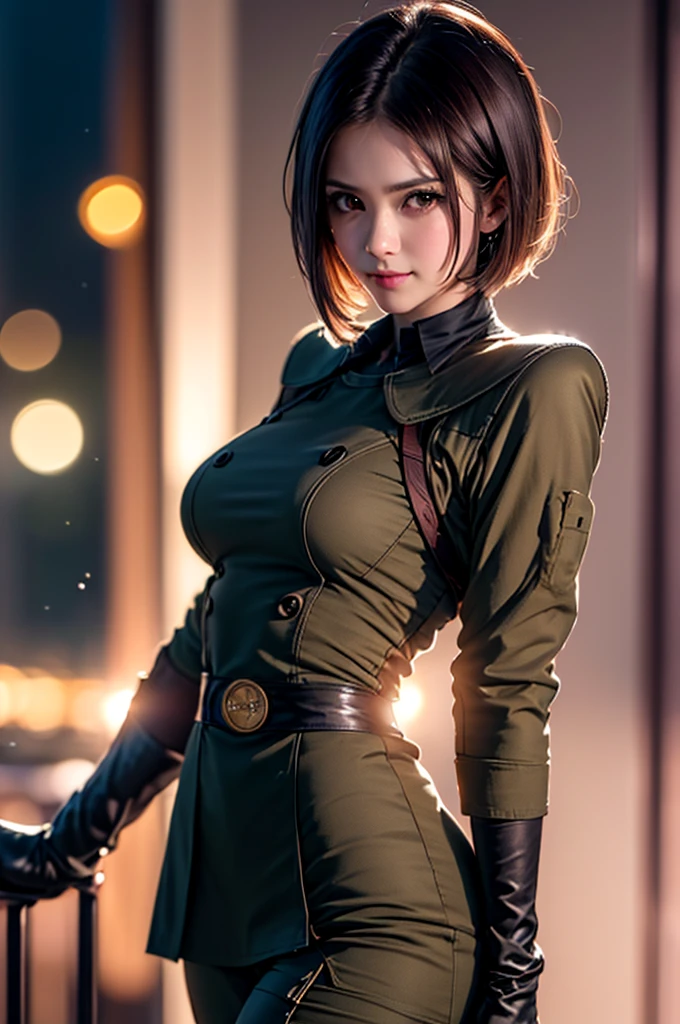 (at night), in a video game scene in the background, a beautiful city at night, raining, alone, standing looking straight ahead, military clothing with military green skirt and pants, black gloves, semi-short hair, ((semi-short hair)), 1 girl, 30 years old, young woman, perfect hands, Beautiful fingers, Beautiful long legs, Beautiful body, Beautiful nose, Beautiful character design, perfect face, looking straight at the viewer with a serious gesture, very upset looking at the viewer, she has a black whip in her hand (focusing on her face), closed mouth, smile_light, official art, extremely detailed CG unity 8k wallpaper, perfect lighting, bright and colorful front lighting, skin glossy (masterpiece: 1.0), (best_quality: 1.0), ultra high resolution, 4k, ultra detailed photography, 8K, hdr, high resolution, nonsense:1.2, Kodak portrait 400, film grain, blurred background, bokeh:1.2 , Lens flare, (vibrant_color:1.2), professional photography, (Beautiful, breasts: 1.4), (Beautiful_face: 1.5), (narrow waist),
