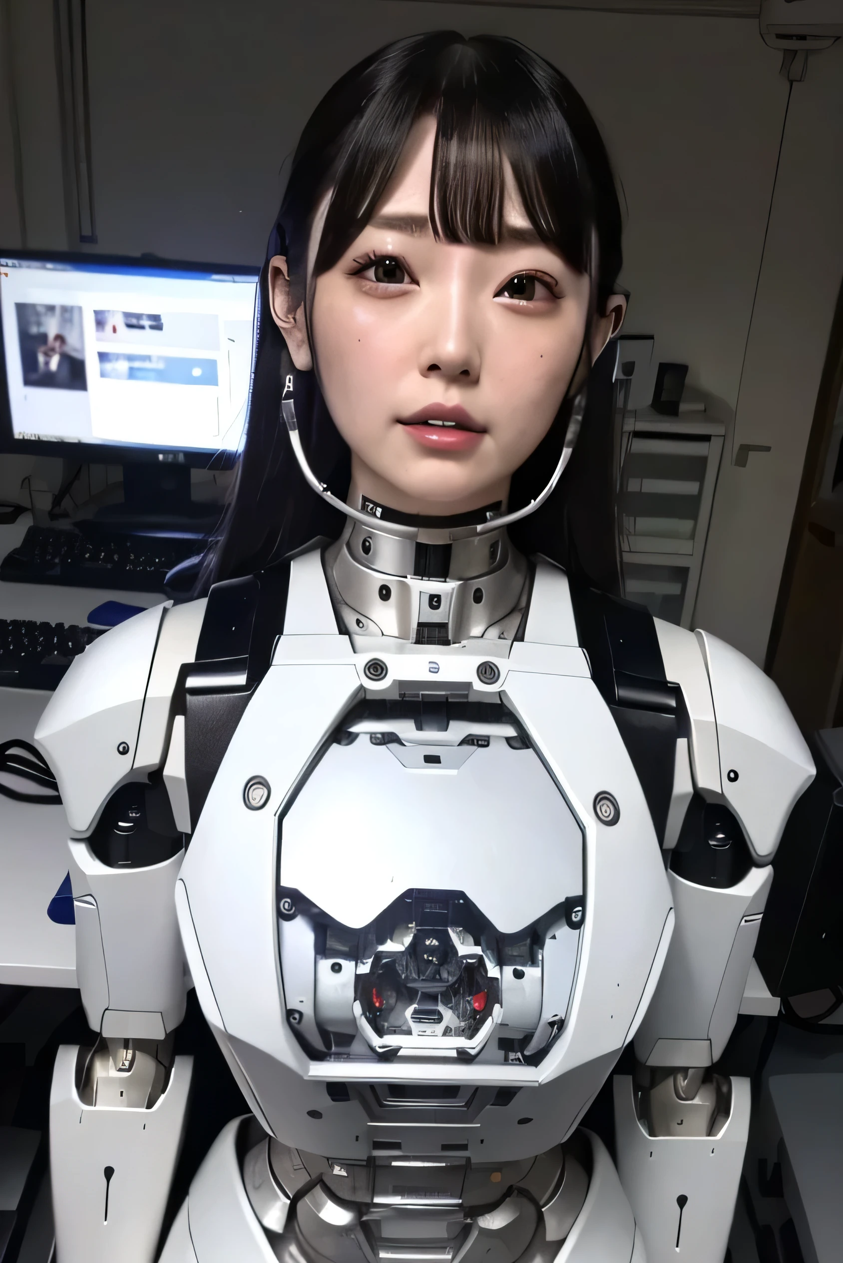 masterpiece, best quality, extremely detailed,  Japaese Cyborg girl,Plump , control panels,android,Droid,Mechanical Hand, Robot arms and legs, Black Robot Parts,Black hair,Mechanical body,Blunt bangs,White robotics parts,perfect robot girl,long tube,thick cable connected her neck,ceramic body ,mechanical body, mechanical ear cover, mechanical costume,android,robot,humanoid,cyborg,japanese android woman ,mechanical chest,full eyes,future laboratory,connecting a cable between the legs,white mouth cover,office-lady