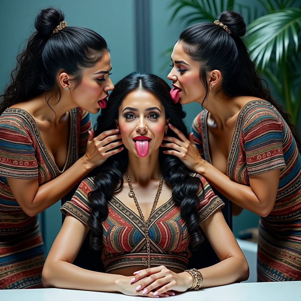 in luxerius office items sorrounded bright lighted modern mexican office,two 50 years old mature mexican ladies and 40 years old mature mexican lady,total 3 ladies involving and licking their hairs of each others wildly,40 years old mature lady seated to the viewer' side,other mature four ladies crawling in to seated lady reaching 2 by 2 by sides licking seated lady' opened hair bun,these three ladies are with dressed in mayan tradition dress as per image prompt,all three of them,with their hairs respectively black color for the marure ladies hairs in as per image prompt,their long,meticulaiursly twined bun hairs shinning since smeared in oil,red lipsstick,natural tongues pulled out,licking the seated lady' mature black opened hair bun like she is being raped excat in image,These all three ladies' faces are with showing full of sexual wildness showing out from their faces exact as in image prompt,Their eyes are fullfill with sexual wildness with raping hairs as per the imahe prompt,(Show me their tongues,long tongues:1.0) styled with 100000 liters hair oil,hairs like viscus oiled pulp,slick combed hair lines highly visible,{{{{Ladies wears perfect dresses in perfectt busty}}}},{{{{{NSFW}}}}},{{{{{{Hairs highly soaked}}}}}},{{{Hairs Drenched in water}}}}},{{{slick combed hair lines}}}},{{{{Hairlines reflecting shinning like mirrors with water}},{{{{{Showcase full bodies perfect figures}}}}},{{{{{High resolution perfecr color grading}}}}}},{{{Perfect hair buns on all three ladies exactly in image prompt}}}}}}},((((((((Generate ethnicity as mexican sexy build ladies))))))))),((((((Generate wildness poses where shows the wildness maturity of the sexually wildness and extremly extremly wildness in to hair licking by their tongues exatly as image prompt))))