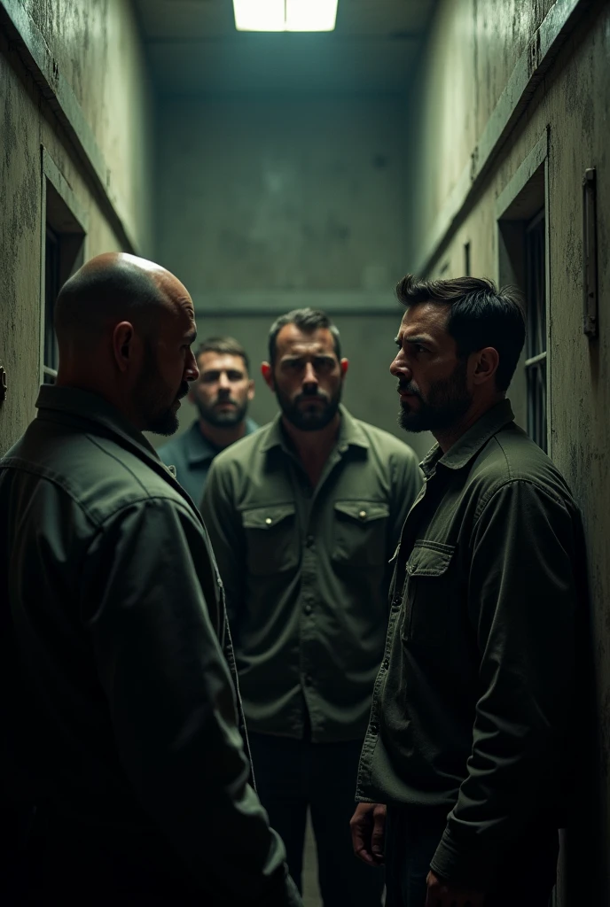There are many men standing in a prison cell with one man looking at the other., prison scene, film screenshot, shot from danis villeneuve movie, action scene from the film, film screenshot, scene from the film live-action, scene from the film, [ theatrical ], in a prison cell, scene from the film Fight Club, still from a Terence Malik film