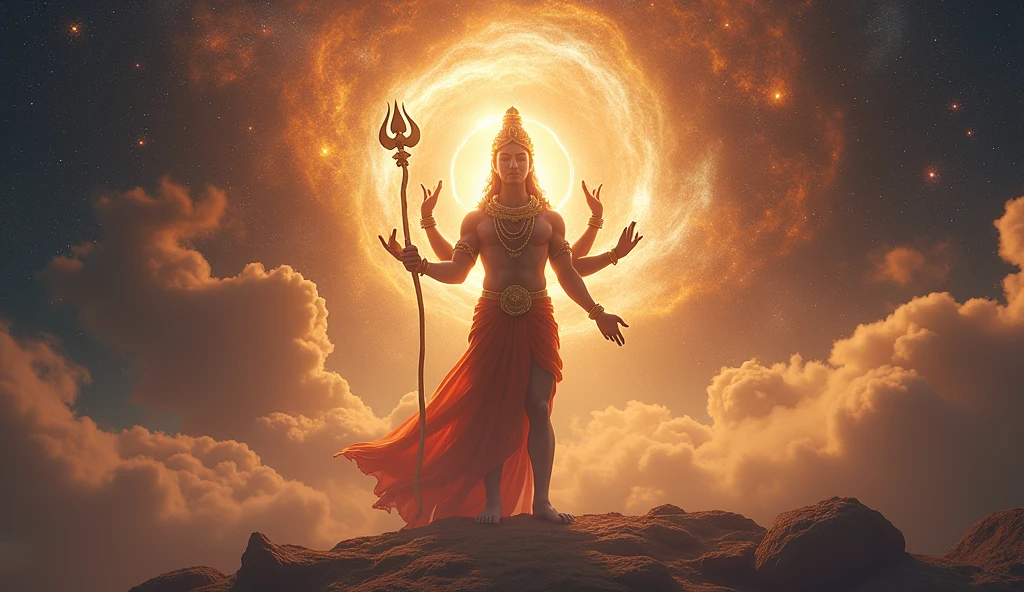 Vishnu in Cosmic Harmony: Vishnu standing amidst a vast cosmic background with swirling galaxies, holding his conch and chakra, with a soft golden glow emanating from his crown.