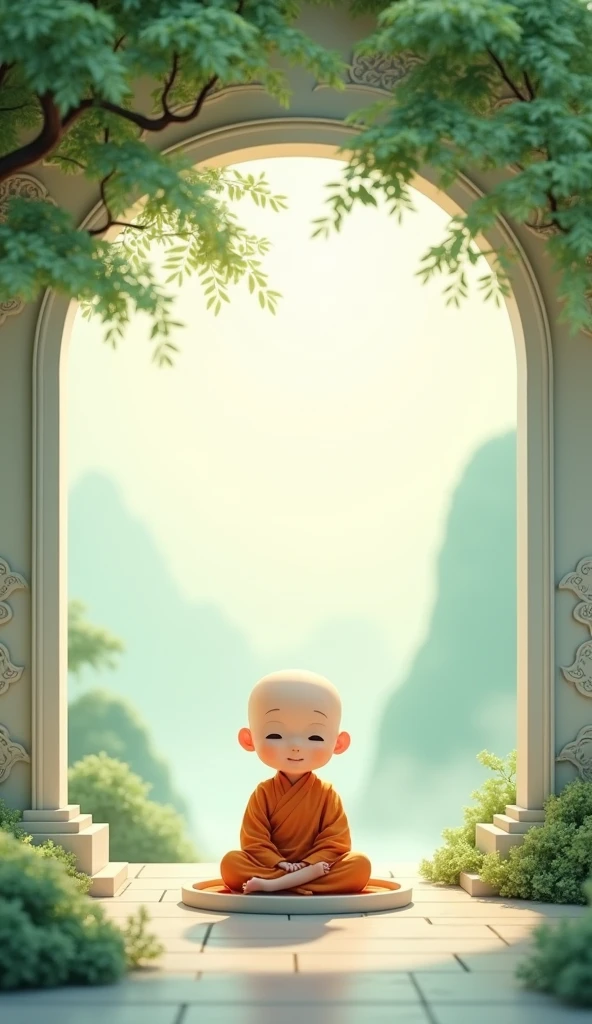 light blue-green,Chinese artistic conception style mural,A little monk is sitting in meditation under the tree,The lens is shot from the front,The expression is calm。Simple and elegant style,clear wallpaper,Exquisite details,Surrounded by light-colored landscape paintings,light mist,Green leaves,Jade material,Jade carving technology,wall carving style,Ultra-high resolution。