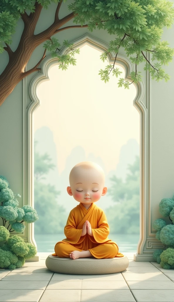 light blue-green,Chinese artistic conception style mural,A little monk is sitting in meditation under the tree,The lens is shot from the front,The expression is calm。Simple and elegant style,clear wallpaper,Exquisite details,Surrounded by light-colored landscape paintings,light mist,Green leaves,Jade material,Jade carving technology,wall carving style,Ultra-high resolution。