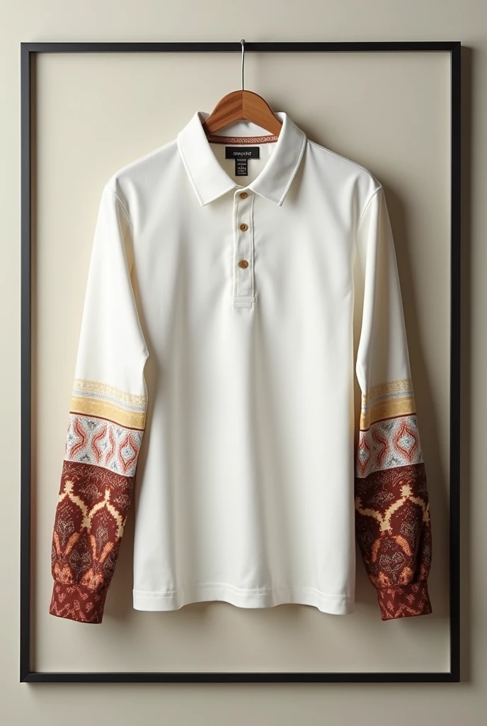 Create an image of a plain long-sleeve polo shirt with a batik pattern on the cuffs, set against a framed background. Focus solely on the shirt without any person wearing it.
