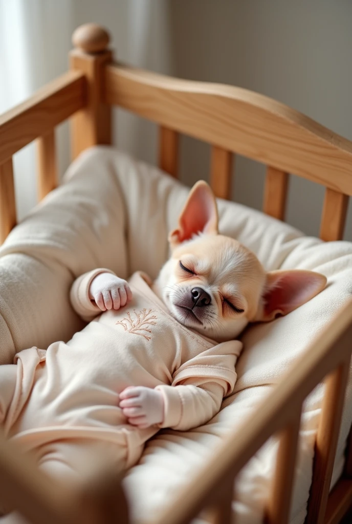 Chihuahua sleeping on his back in a crib wearing baby clothes