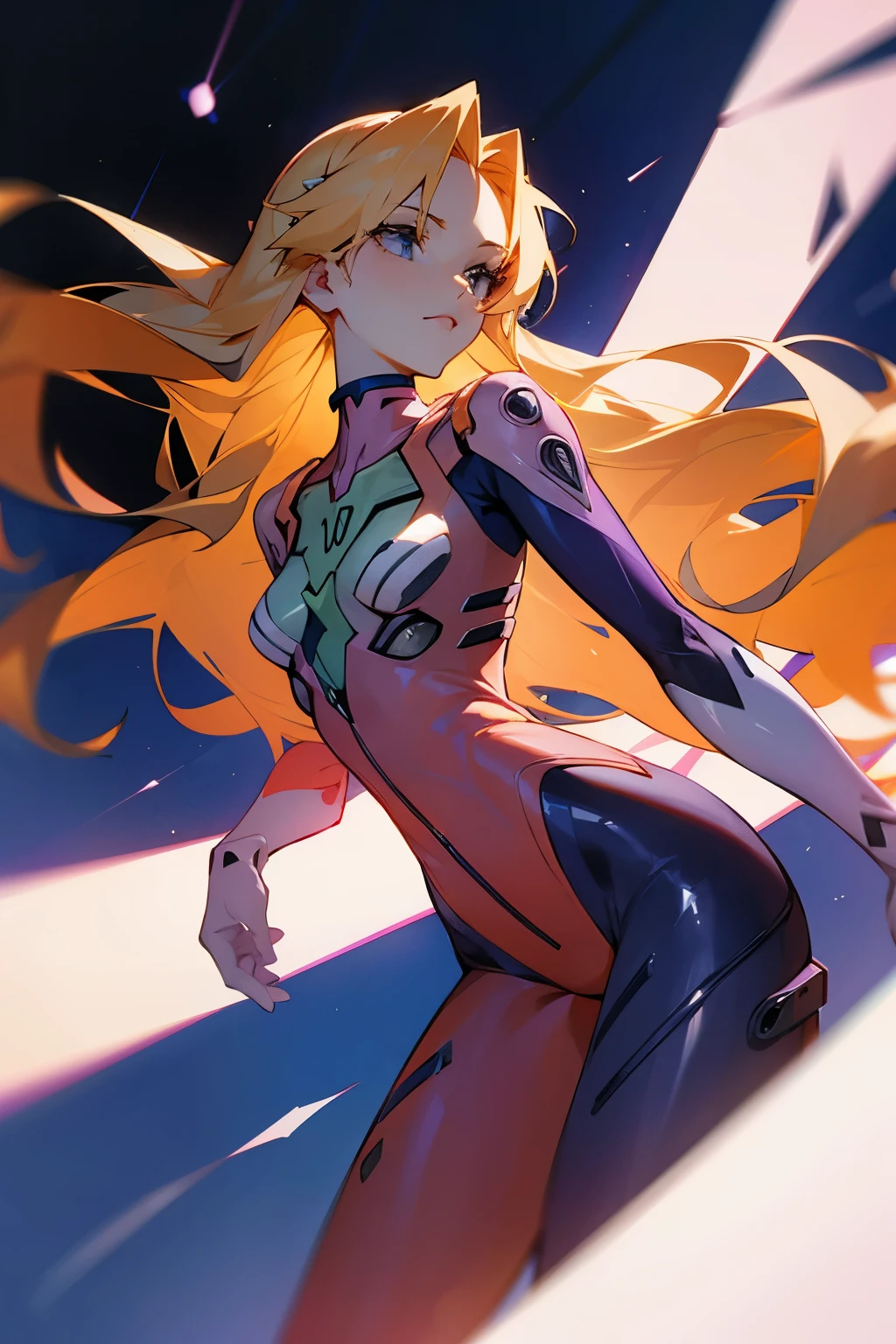 Female woman with long blonde hair wearing Evangelion bodysuit.