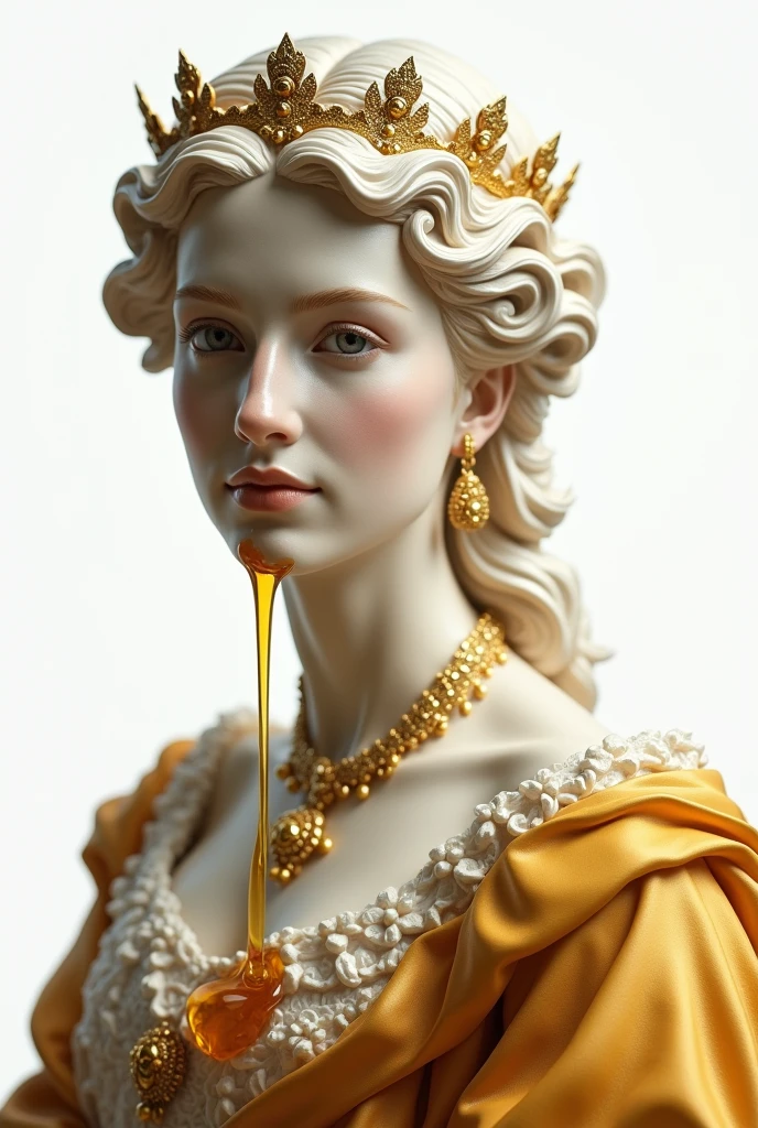 A beautiful woman old royal historical potrait size statue, falling honey from its face , white background