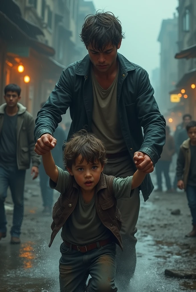   brother holding 2 brother&#39;s hand pulling him away


