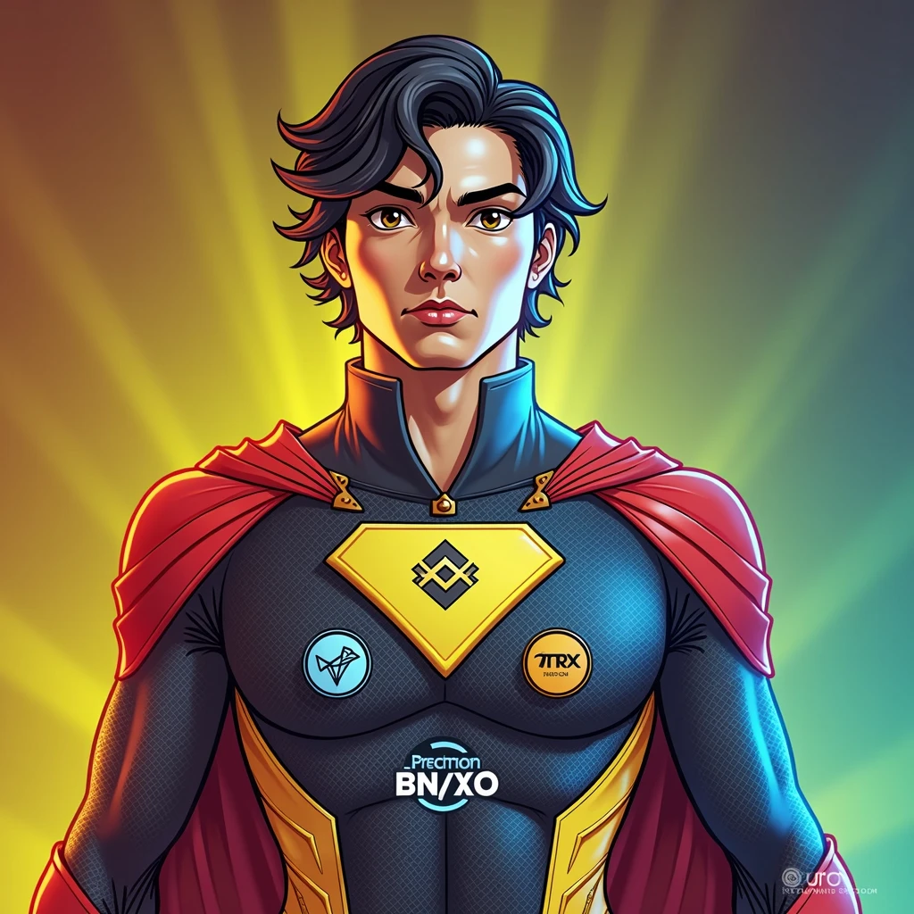 Create a superhero character standing confidently against a gradient background, with a color theme of red, yellow, and blue. The character should have short, wavy black hair and a serious, focused expression with large eyes. The superhero's costume should incorporate the red, yellow, and blue color scheme, with the Binance (BNB) logo in yellow, the Tron (TRX) logo in red, and the TON (The Open Network) logo in blue prominently displayed on the chest, each logo clearly visible and distinct. The suit should have sleek and modern design elements, with gold accents for added detail, blending the logos seamlessly into the overall superhero theme. The background should enhance the color theme with complementary gradient tones.