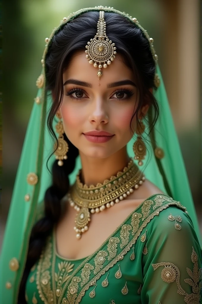 A beautiful girl wearing green lehenga with head design 