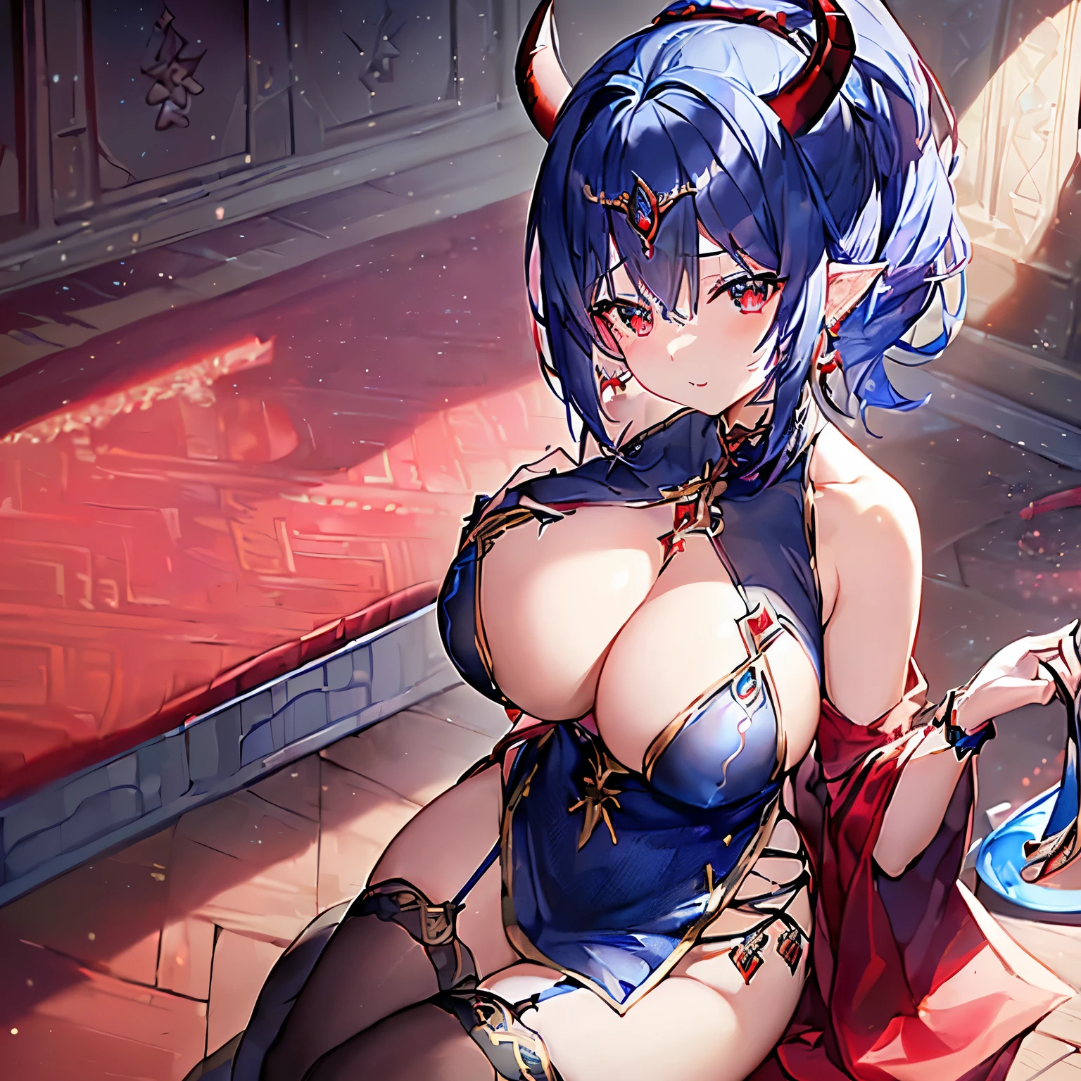 (4K、high resolution、Detailed light、Detailed Shadows、Detailed Design)、1 girl、Dark blue hair、Short Hair、ponytail、((Black and blue outfit:1.5、Red Gem:1.2、red decoration:1.2、Circlet))、Too big slit、Bigger breasts、(Devil horns:1.3)、Unwanted Contract