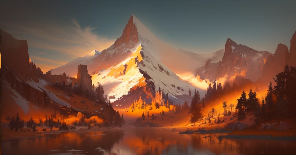 A mountain landscape painting with a lake and mountains in the background, painterly Concept Art, Digital Painting Concept Art, beautiful Concept Art, Low Detail. Digital Painting, Concept Art wallpaper 4k, very detailed numbers, amazing! Concept Art, Concept Art painting, Illustrations, environment Concept Art, detailed numbers, environment，desert，Sand，Soil