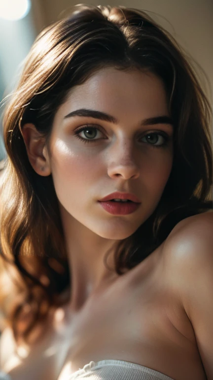 (((ultra realistic))) Photo, masterpiece, top quality, (pale skin), (Ultra detailed face and eyes:1.3), 1 girl, Adult, in a T-shirt, (Eye makeup, mascara) , ((large detailed lips)), ((ash wavy hair)), ((Chyolka)) , (Natural breasts), Slim waist. ((Posing)), photoshoot, studio (soft lighting), (The play of light and shadows), depth of field, bokeh, (special attention to skin detail: 1.2), Detailed leather texture, skin pores. (Airy atmosphere of the frame. Color range - delicate, Bright, white, Pink tones), UDR, ((Film grain)), ((rays)), ((glare of the sun)), ((waist up portrait, close to the camera)) , ultra detialed, 
