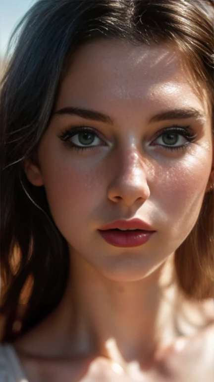 (((ultra realistic))) Photo, masterpiece, top quality, (pale skin), (Ultra detailed face and eyes:1.3), 1 girl, Adult, in a T-shirt, (Eye makeup, mascara) , ((large detailed lips)), ((ash wavy hair)), ((Chyolka)) , (Natural breasts), Slim waist. ((Posing)), photoshoot, studio (soft lighting), (The play of light and shadows), depth of field, bokeh, (special attention to skin detail: 1.2), Detailed leather texture, skin pores. (Airy atmosphere of the frame. Color range - delicate, Bright, white, Pink tones), UDR, ((Film grain)), ((rays)), ((glare of the sun)), ((waist up portrait, close to the camera)) , ultra detialed, 