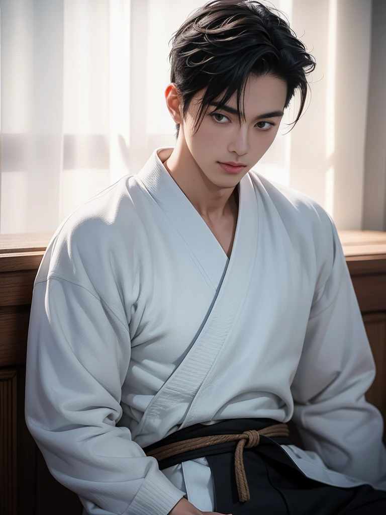Cinematic Photo of a handsome japanese men 25-30 y.o fashion model, black colour hair. He is now playing judo in the competition.
