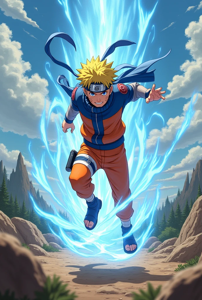 Naruto doing flying raijin jutsu