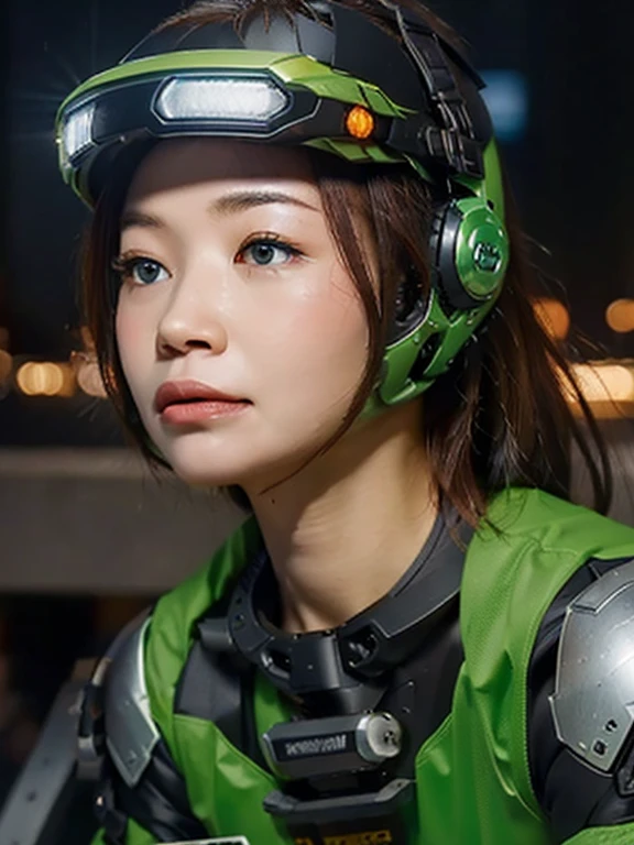 Best image quality, Excellent details, Ultra-high resolution, (realism: 1.4), Best illustrations, Favorite Details, A very condensed one, Delicate and beautiful features, Wearing a black and green mech, Wearing a mecha helmet, Hold the directional controller, Riding on motorcycle, The background is a futuristic city high tech lighting scene.