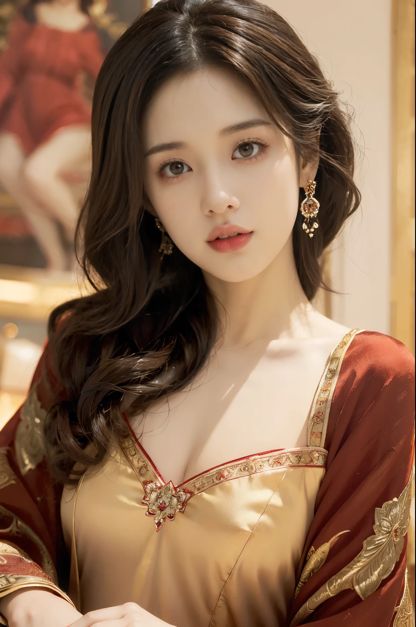 (((best quality))),(((ultra detailed))),(((masterpiece))),illustration,1girl, young, beautiful, woman, red dress, elegant, earrings, makeup, almond eyes, full lips, brunette hair, sensual, confident, pose, expression, seductive