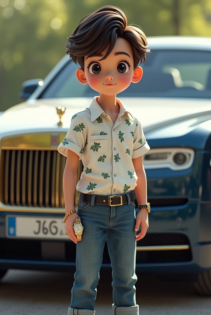 A boy who was cute and smart with white shirt with green very small flowers and blue jeans with white spots and black eyeballs and black shoes with Rolls-Royce car with Rolex watch in his hand