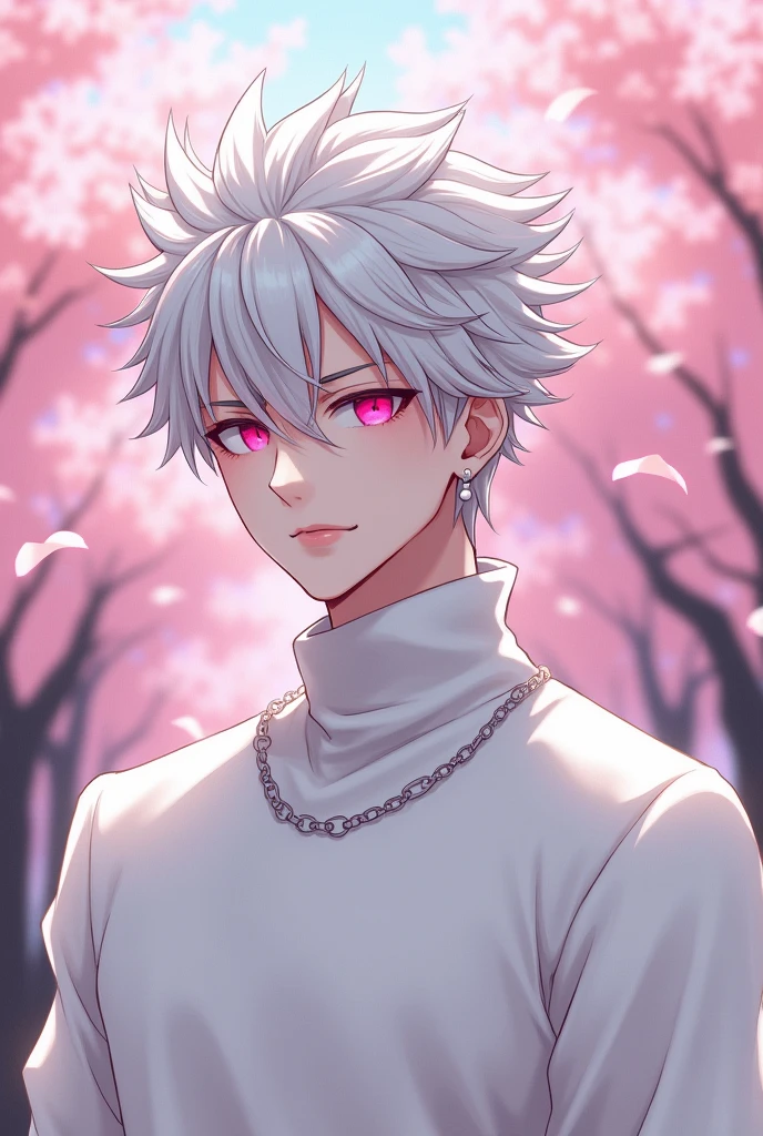 anime character, White hair, spiky hair, Pale skin, pink eyes, Long white eyelashes, male, muscular, white small earrings, big glossy lips, cherry blossom trees, grey eyebrows, white sweater,