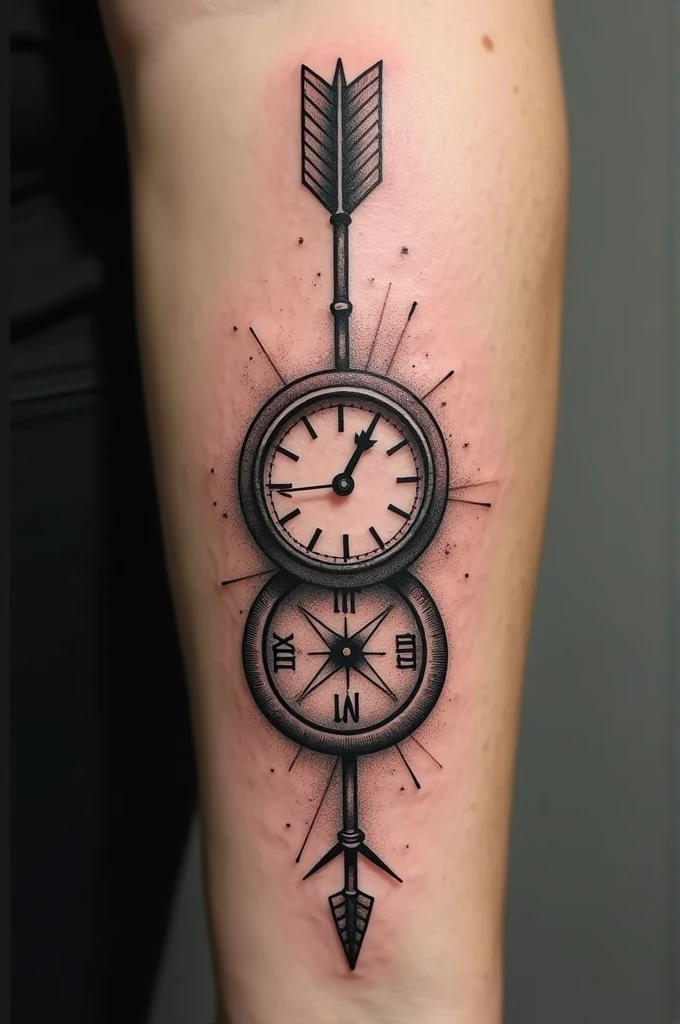 Arrow tattoo with a clock and a compass