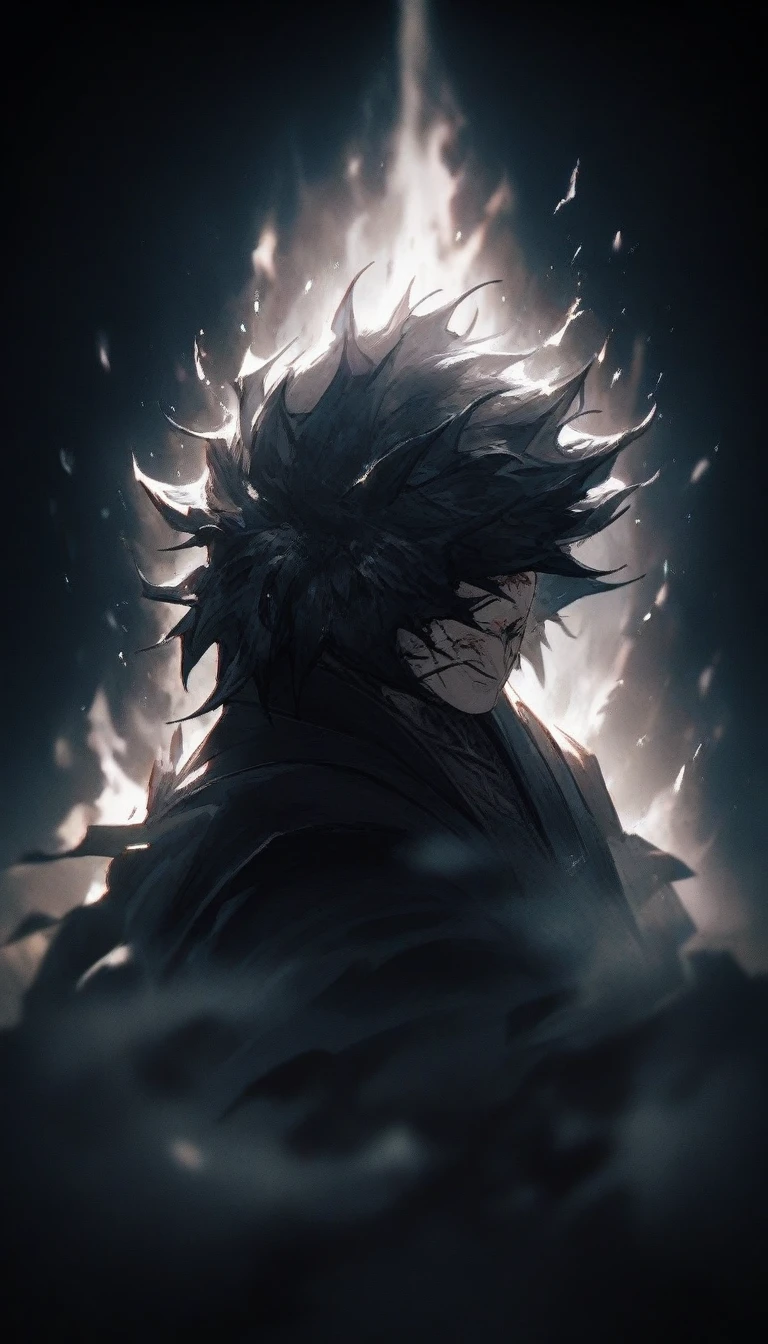 potrait intricate poses a samurai with mask looks sad with a disappointed and facing up to the sky, wearing black armor, cinematic, like in a movie, very detailed, low congtrast gray color, aura like full of disappointment, his body is full of wounds because he is ready from fighting who defeated his opponent, cinematic light from the side, sharp depth field towards his face. his body is full of wounds, leaves are flying with motion blur, intricate poses (i won but at what cost?)