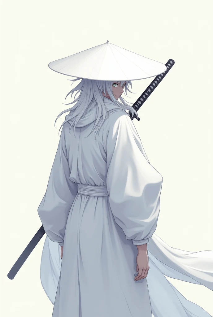 Samurai man in white kimono, white hair and eyes, white samurai hats, 2D anime, facing, with the hat covering part of his face and with a shiny white katana