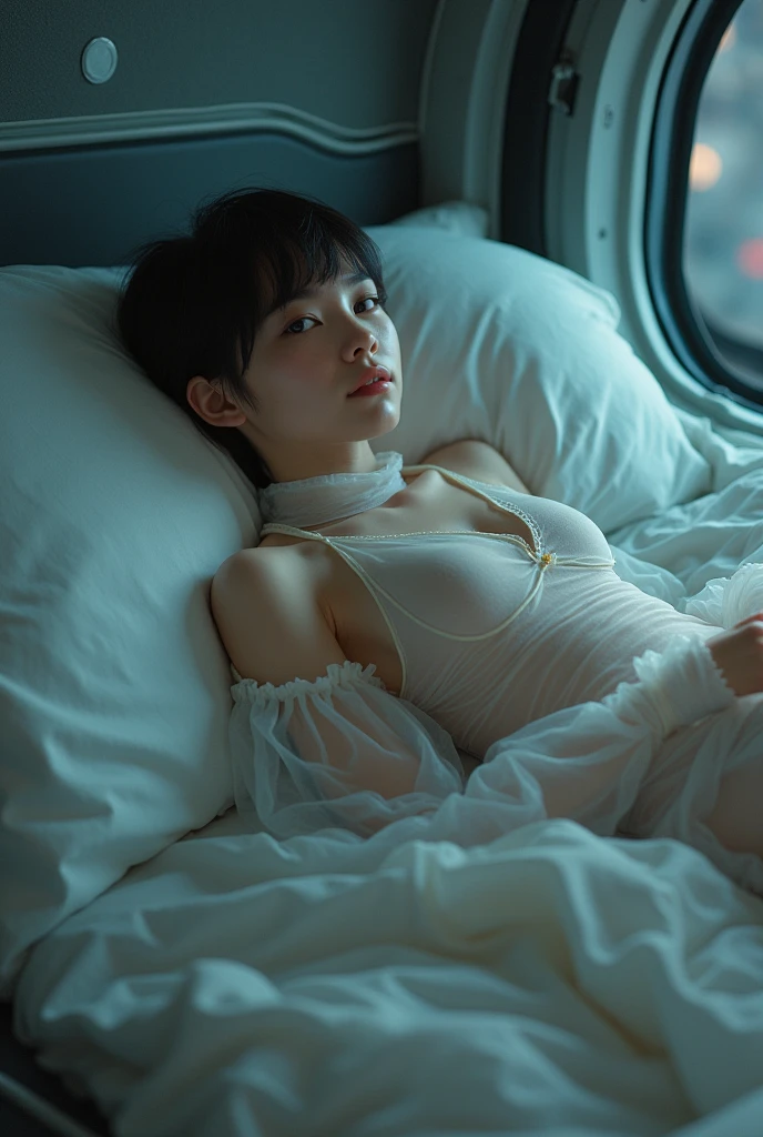Top quality, masterpiece, high resolution, 8K, (Reality:1.4), whole body, (Oversized transparent pajamas.:1.1), spaceship, Duvet bed, Dim Lights, Beautiful woman, Skinny, Small Breasts, #1: Asymmetrical Pixie Haircut, Delicate face, Shy expression, Facing the camera, Photos taken from a distance, 20 years old, Soft colors