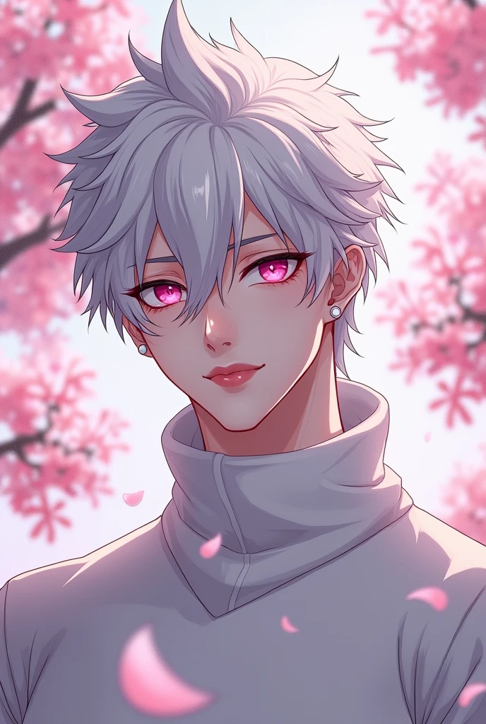 anime character, White hair, spiky hair, Pale skin, pink eyes, Long white eyelashes, male, muscular, white small earrings, big glossy lips, cherry blossom trees, grey eyebrows, white sweater, 