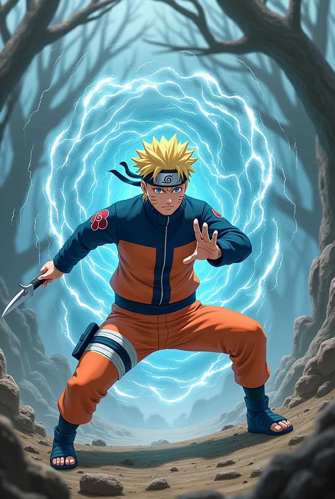 Naruto doing flying raijin jutsu with kunai