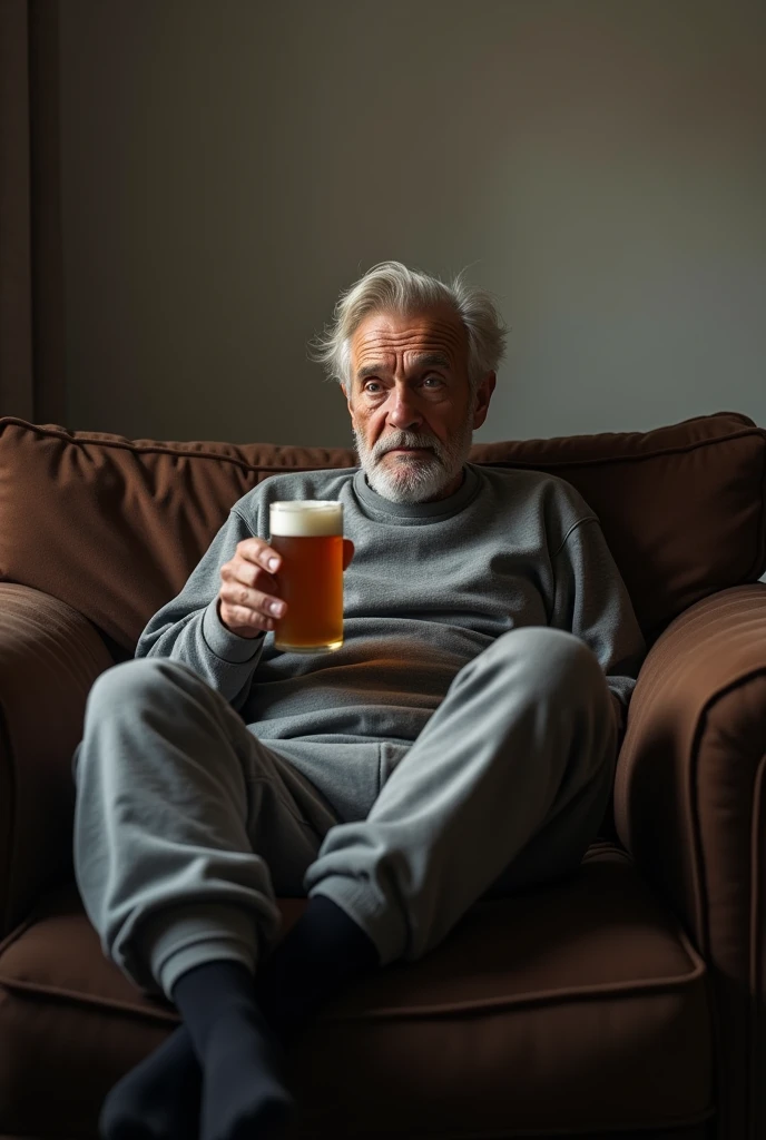 average middle aged Finnish man, sitting on a dark brown couch, slightly open thighs, arms in a relaxed position on the backrest with a Rauchbier in one hand, wearing sweatpants and a sweatshirt with black socks