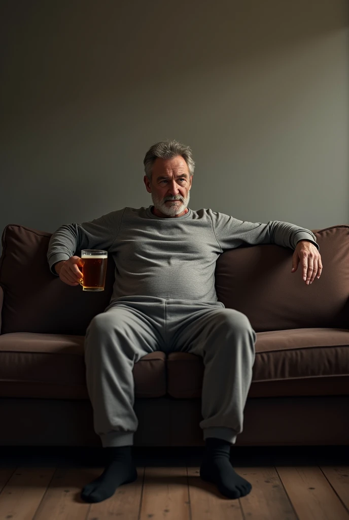 average middle aged Finnish man, sitting on a dark brown couch, slightly open thighs, arms in a relaxed position on the backrest with a Rauchbier in one hand, wearing sweatpants and a sweatshirt with black socks
