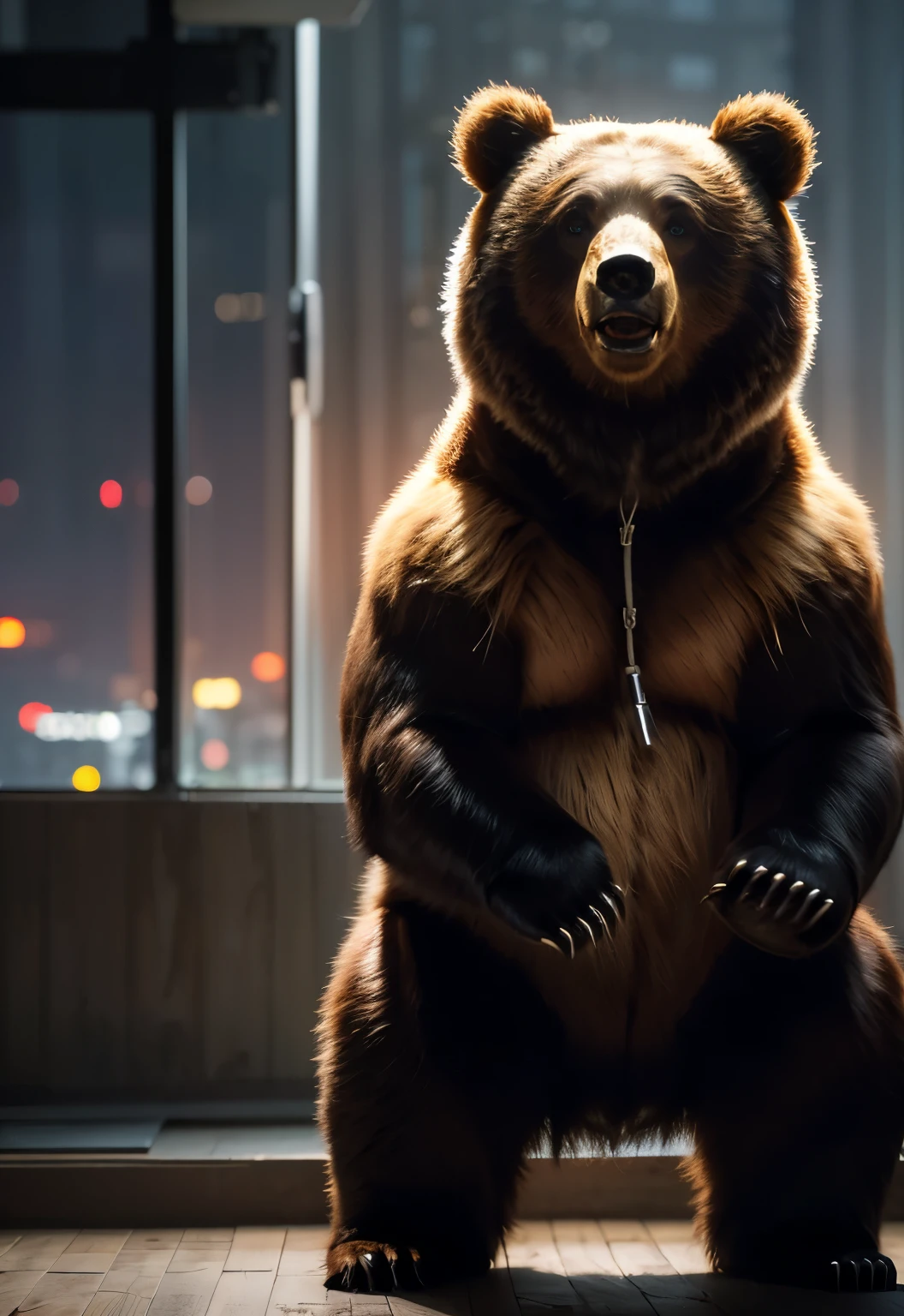 Top quality, Dramatic Lighting, Threatening Posture, fierce look, Epic atmosphere, (((Bear Head))), (((full-body shot))),Metal Bear, , Cyberpunk style, Clocks, ((Intricate details)), nffsw, ((Intricate details, Ultra Detail)), Incandescent lamp, Movie Lenses, Vignette, Bokeh effect background, (Big Bear), (full-body shot).