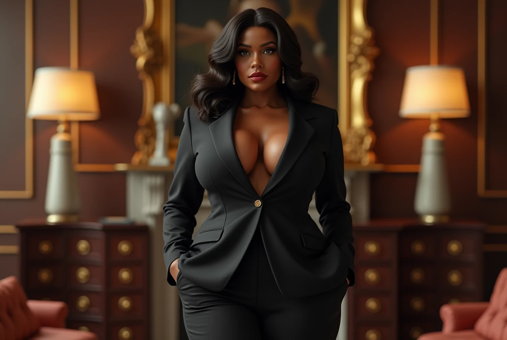 Create a high-resolution realist 3d image of a dark skin toned melanin elegant woman with a findom dominant and commanding persona and Prescence wearing luxurious attire, such as a tailored suits or designer dress, and posed in a confident stance. full body tall and plus size curvey body 5'9 265 lbs This mage should exude power, control, and sophistication, with a hint of mystery. the back ground is lavish hight rise office or a luxurious richly decotated tool reflecting wealth and power