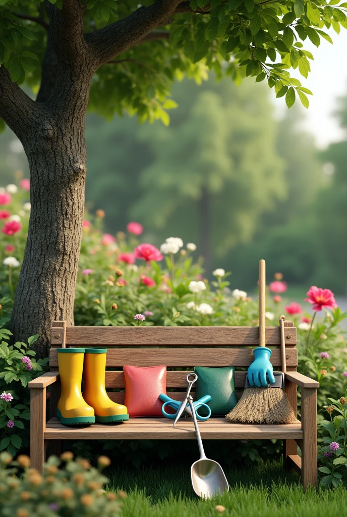 There are 3 packets of fertilizer and a pair of yellow garden rubber shoes and silver flower tree cutting scissors and a pair of blue rubber gloves on a wooden bench under a big tree, there is a broom and also a grass scraper leaning on the edge of the bench, 3D Style with the background of a flower garden