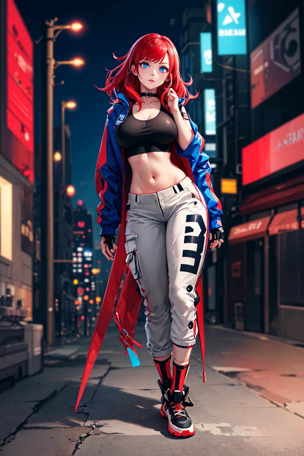 high quality, subsurface scattering, chromatic lighting,
colorized, red + white limited color palette,
detailed concept drawing,
Street girl, cyberpunk, futuristic, full body, no weird things or color on her face,
portrait, 20yo 1girl, medium soft breasts, slender, crop top, jacket, combat pants, long red hair, blue eyes, posing