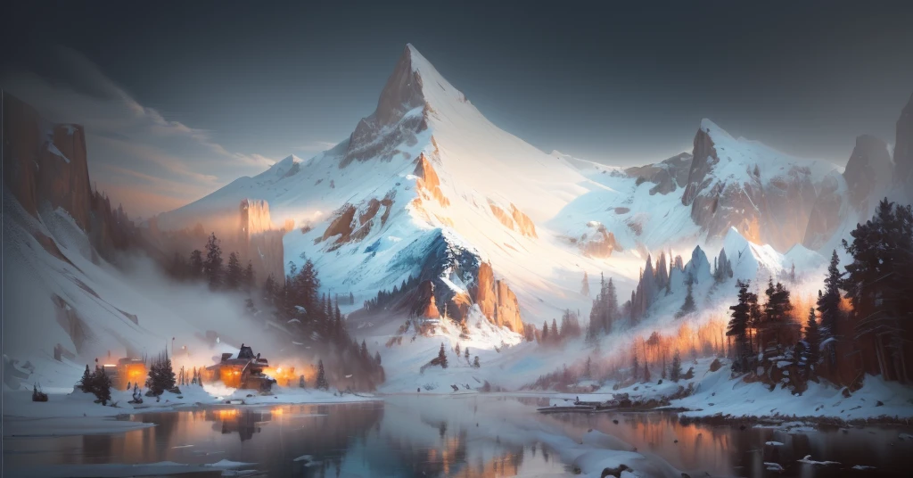 A mountain landscape painting with a lake and mountains in the background, painterly Concept Art, Digital Painting Concept Art, beautiful Concept Art, Low Detail. Digital Painting, Concept Art wallpaper 4k, very detailed numbers, amazing! Concept Art, Concept Art painting, Illustrations, environment Concept Art, detailed numbers, environment,Snow Mountain,winter,Snow Scene,White