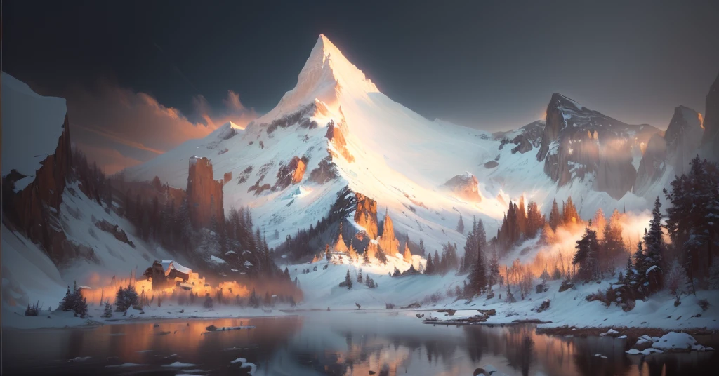 A mountain landscape painting with a lake and mountains in the background, painterly Concept Art, Digital Painting Concept Art, beautiful Concept Art, Low Detail. Digital Painting, Concept Art wallpaper 4k, very detailed numbers, amazing! Concept Art, Concept Art painting, Illustrations, environment Concept Art, detailed numbers, environment,Snow Mountain,winter,Snow Scene,White