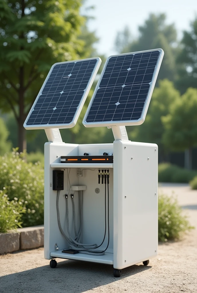 Product with two solar panels, At the base there is an area to store electrical components, that has a simple design, modular and allows people to sit.