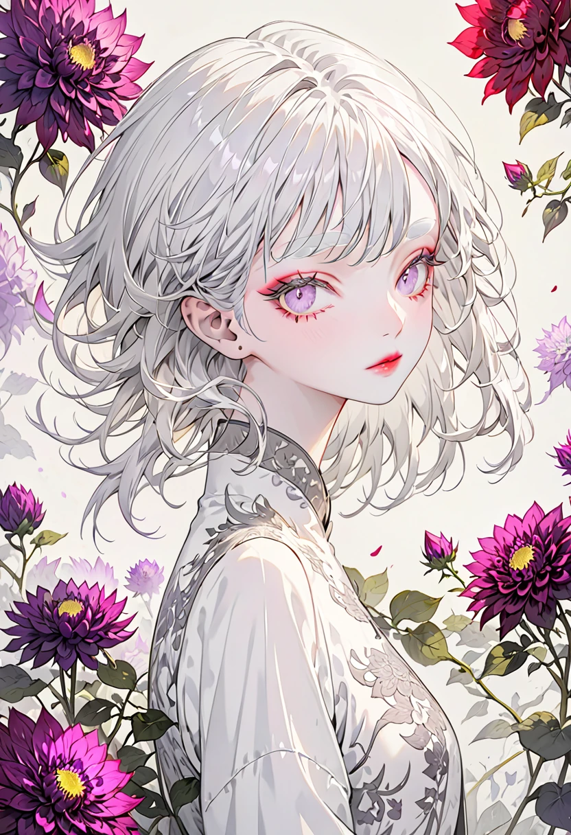The background is purple dahlias，(Highest quality,Very detailed,High resolution:1.2),Thin and albino，very short white hair,Gray bangs，very_long white eyelashes, White eyebrows, White skin，Detailed lips, Cool look, Soft Skin, Shiny Hair,Exquisite makeup,Portraiture