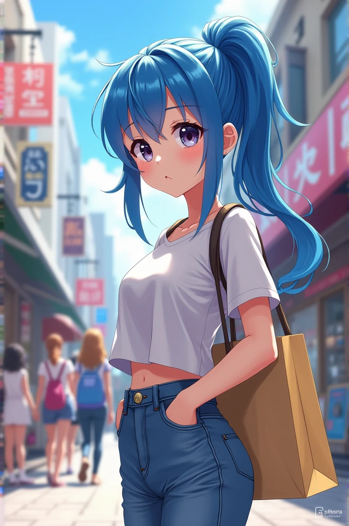 1 anime girl with blue hair and ponytail shopping and grabbing shopping bag