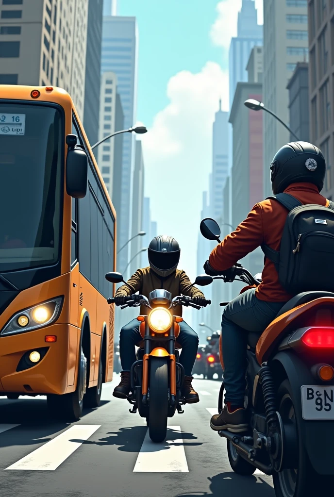 Motorbike squeezed between bus and other motorbike at right turn