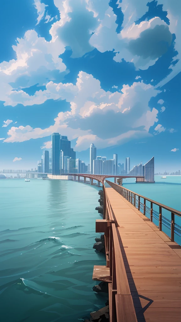 The sea is wavy,The bridge extends to the distant shore,There are some modern buildings on the shore
